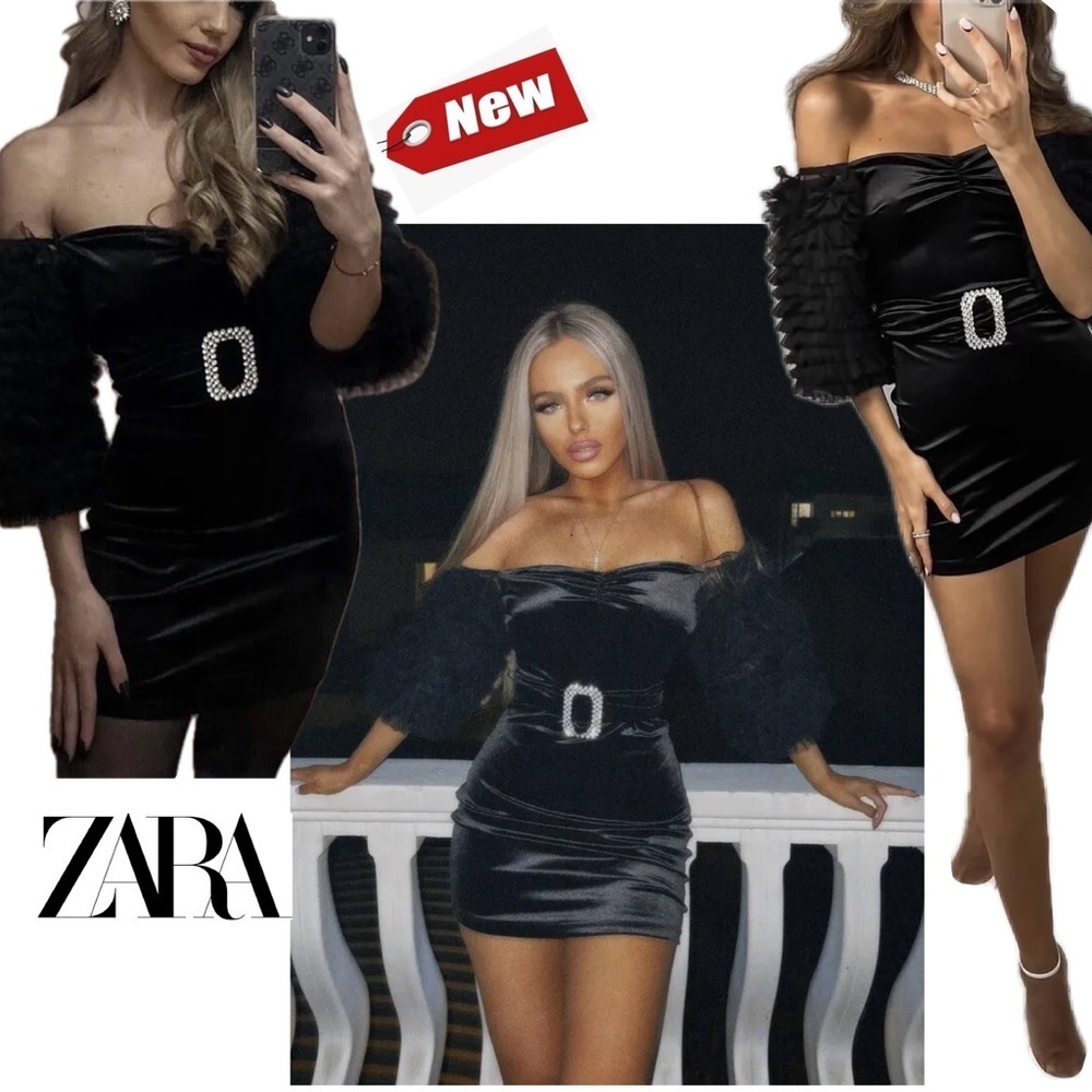 ZARA BLACK VELVET MINI DRESS BALOON SLEEVES RHINESTONE BUCKLE BELT Sz XL NWT